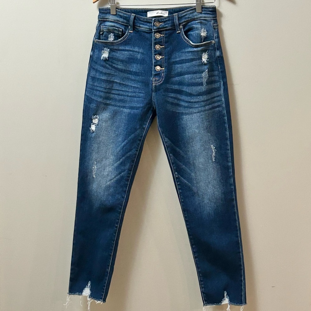 KanCan Distressed Denim Blue Ankle Jean High Rise Button Fly Raw Hem Size 9 / 28